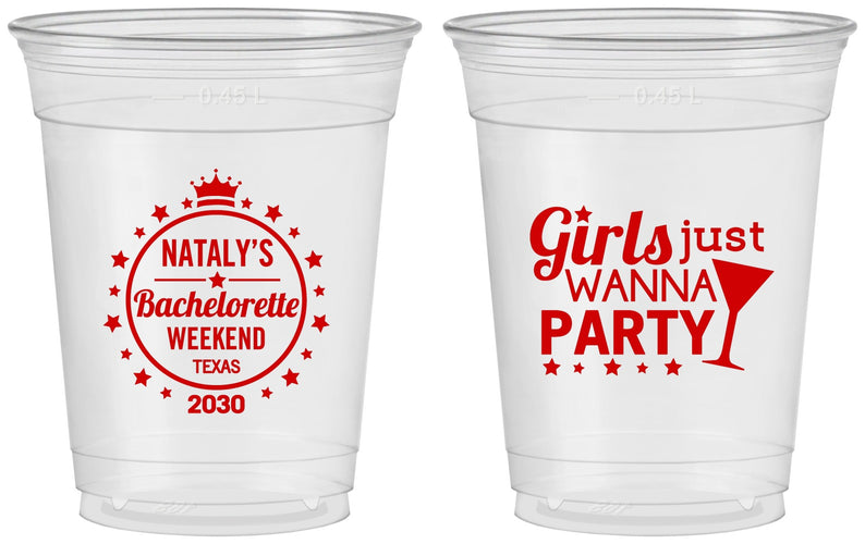 Custom Bachelorette 16 oz Soft Sided Clear Cups - Girls Just Wanna Party | 60139