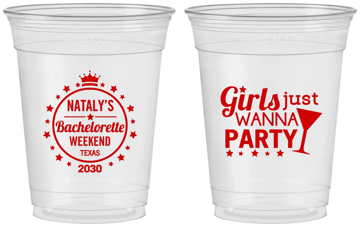 Custom Bachelorette 16 oz Soft Sided Clear Cups - Girls Just Wanna Party | 60139