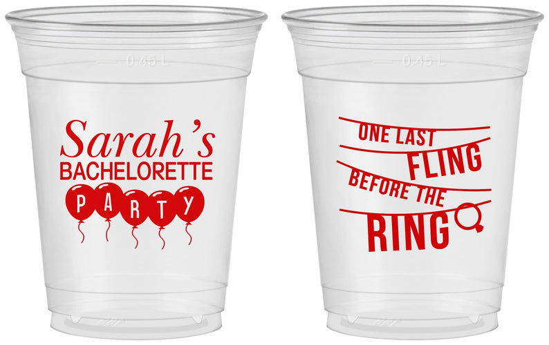 Custom Bachelorette 16 oz Soft Sided Clear Cups - Last Fling Before Rings | 60140