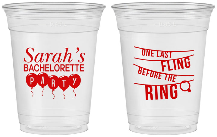 Custom Bachelorette 16 oz Soft Sided Clear Cups - Last Fling Before Rings | 60140