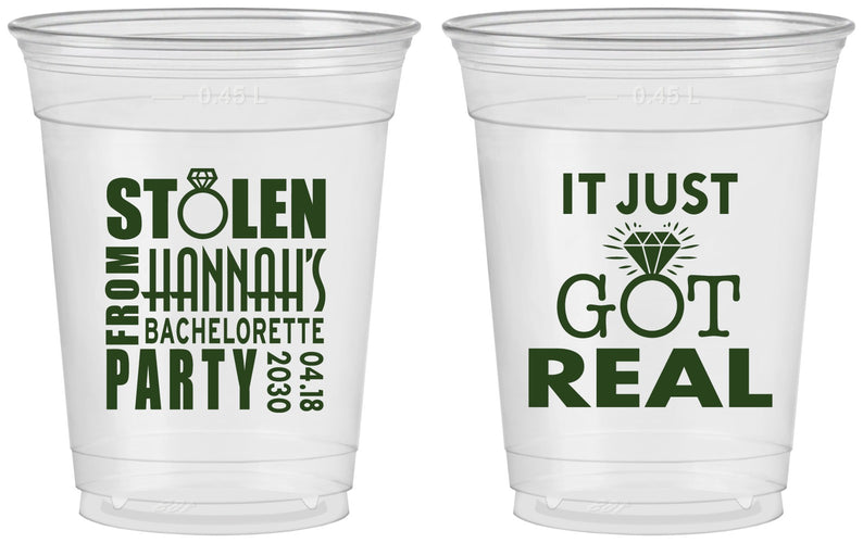 Custom Bachelorette 16 oz Soft Sided Clear Cups - Just Got Real | 60141