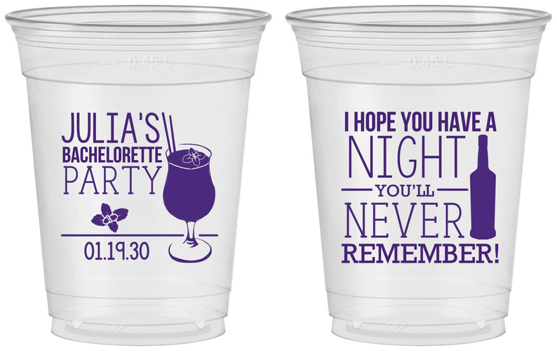 Custom Bachelorette 16 oz Soft Sided Clear Cups - Night Never Remember | 60160