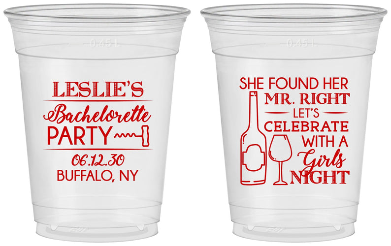 Custom Bachelorette 16 oz Soft Sided Clear Cups - Mr Right Girls Night | 60180