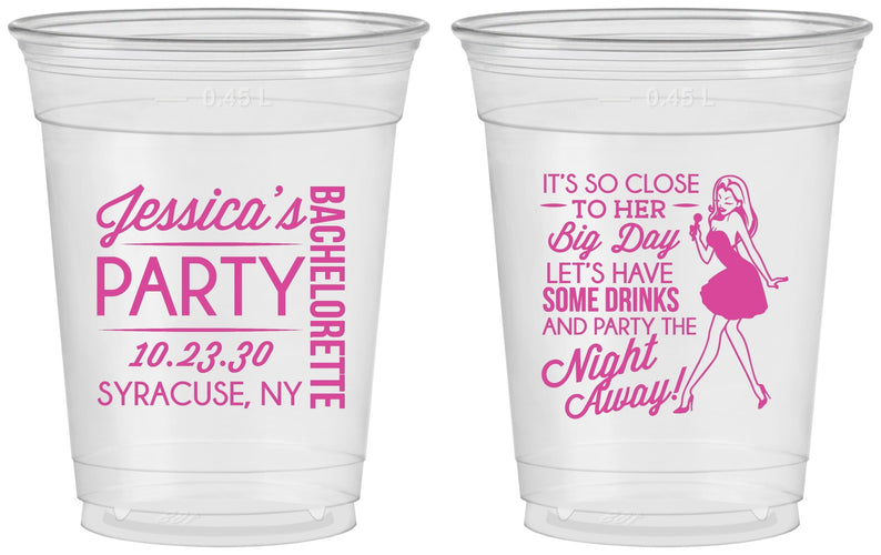 Custom Bachelorette 16 oz Soft Sided Clear Cups - Drink The Night Away | 60182