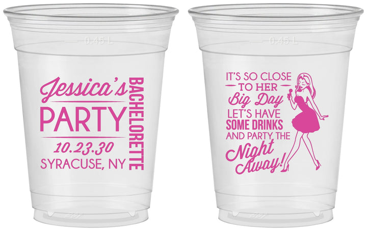 Custom Bachelorette 16 oz Soft Sided Clear Cups - Drink The Night Away | 60182