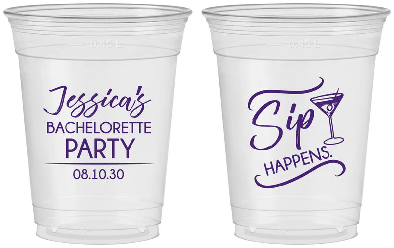 Custom Bachelorette 16 oz Soft Sided Clear Cups - Sip Happens | 60197