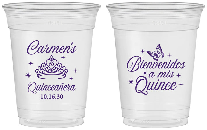 Custom Quinceanera 16 oz Soft Sided Clear Cups - Bienvenidos A Mis Quince | 70005