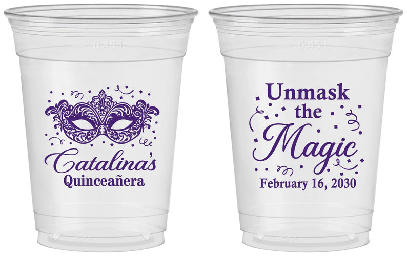 Custom Quinceanera 16 oz Soft Sided Clear Cups - Mardi Gras Quince | 70010