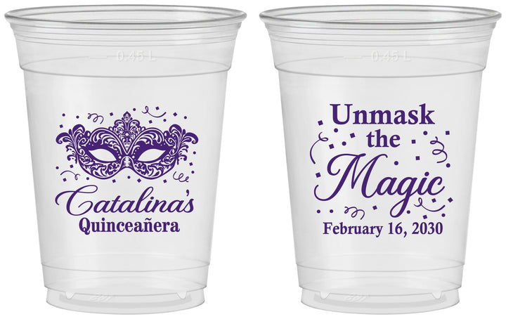 Custom Quinceanera 16 oz Soft Sided Clear Cups - Mardi Gras Quince | 70010