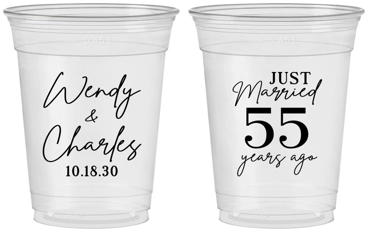 Custom Anniversary 16 oz Soft Sided Clear Cups - Just Married 55 Years Ago | 80028