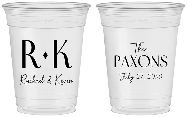 Custom Wedding 16 oz Soft Sided Clear Cups - Two Letter Monogram | 802