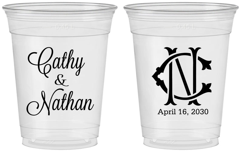 Custom Wedding 16 oz Soft Sided Clear Cups - Two Letter Monogram | 807