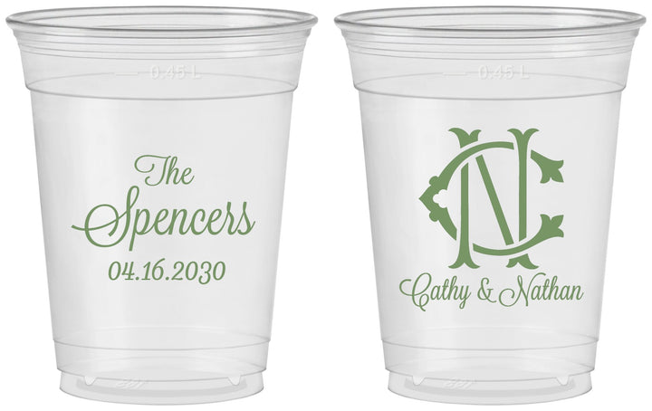 Custom Wedding 16 oz Soft Sided Clear Cups - Two Letter Monogram | 808