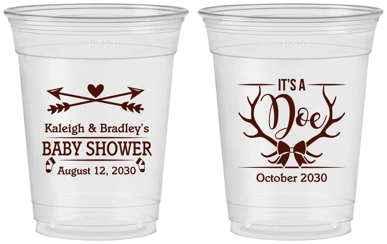 Custom Baby Shower 16 oz Soft Sided Clear Cups - It’s A Doe Antler | 90001