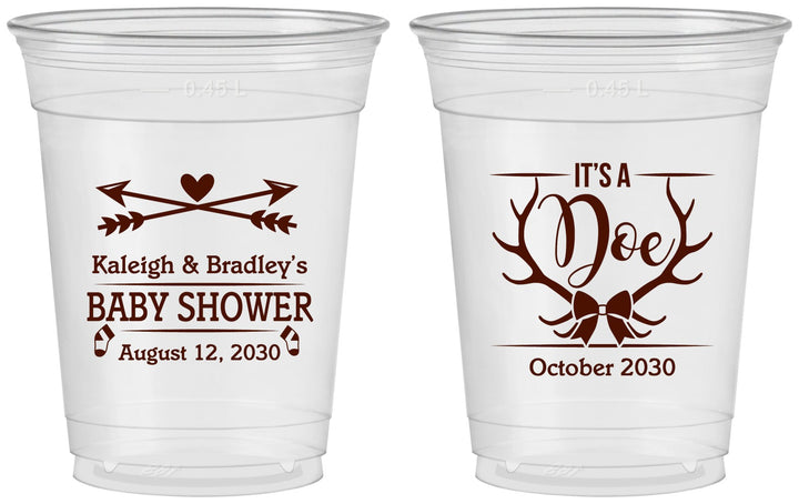 Custom Baby Shower 16 oz Soft Sided Clear Cups - It’s A Doe Antler | 90001
