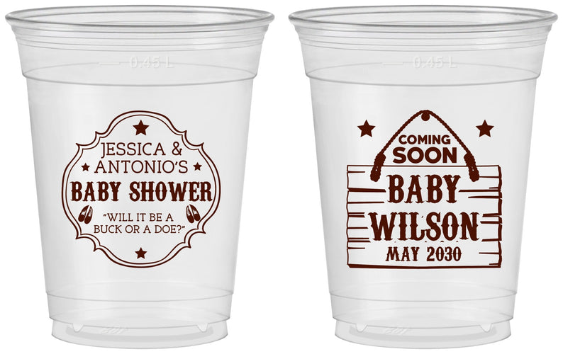 Custom Baby Shower 16 oz Soft Sided Clear Cups - Gender Reveal Buck Or Doe | 90002