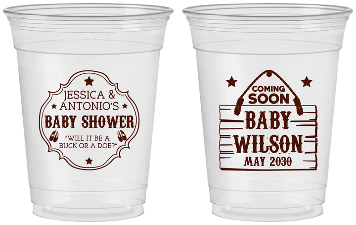 Custom Baby Shower 16 oz Soft Sided Clear Cups - Gender Reveal Buck Or Doe | 90002