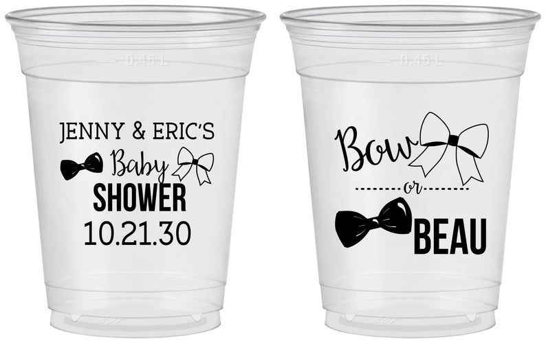 Custom Baby Shower 16 oz Soft Sided Clear Cups - Gender Reveal Bow Or Beau | 90004