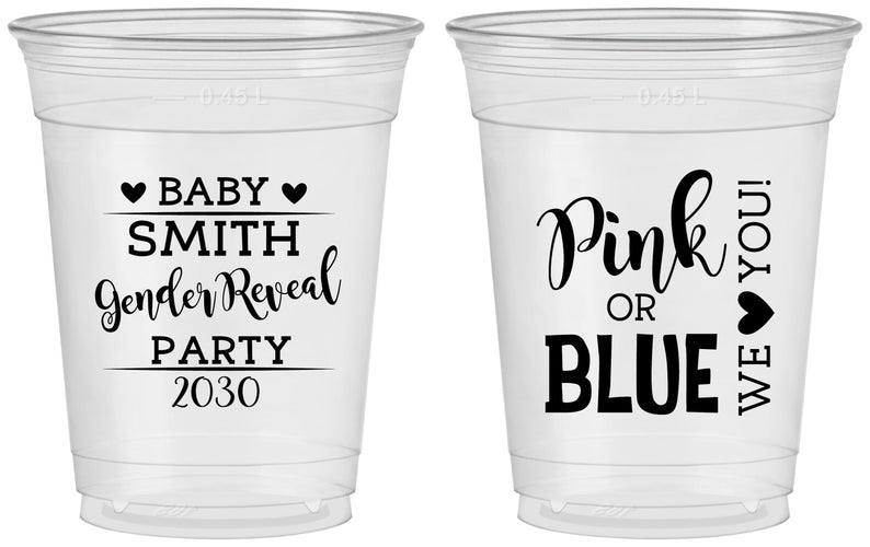 Custom Baby Shower 16 oz Soft Sided Clear Cups - Gender Reveal Pink Or Blue | 90012