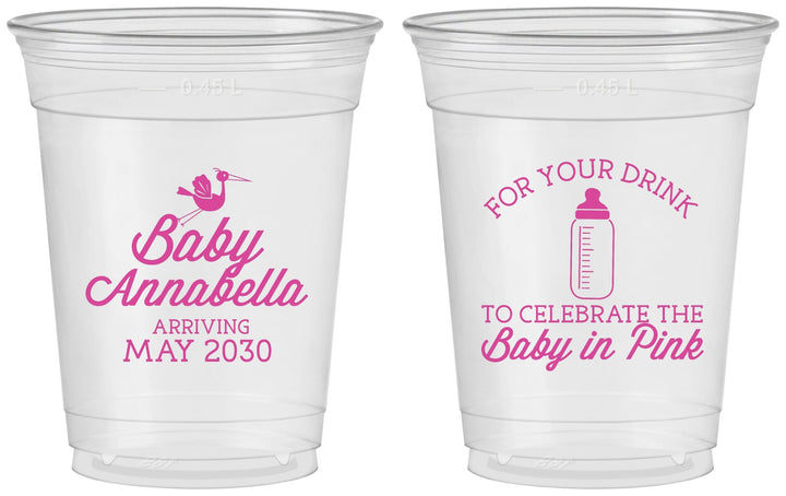 Custom Baby Shower 16 oz Soft Sided Clear Cups - Drink Baby In Pink | 90014