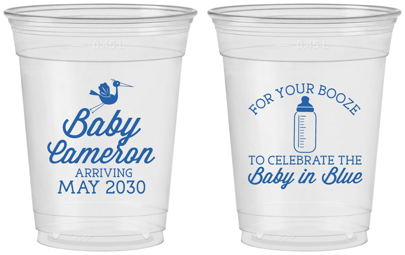 Custom Baby Shower 16 oz Soft Sided Clear Cups - Booze Baby In Blue | 90015