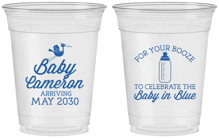 Custom Baby Shower 16 oz Soft Sided Clear Cups - Booze Baby In Blue | 90015