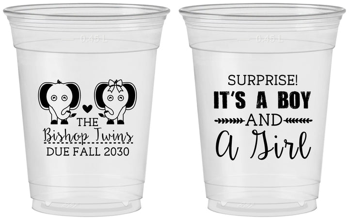 Custom Baby Shower 16 oz Soft Sided Clear Cups - Twins Boy And Girl | 90026