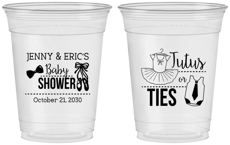 Custom Baby Shower 16 oz Soft Sided Clear Cups - Gender Reveal Tutus Or Ties | 90033