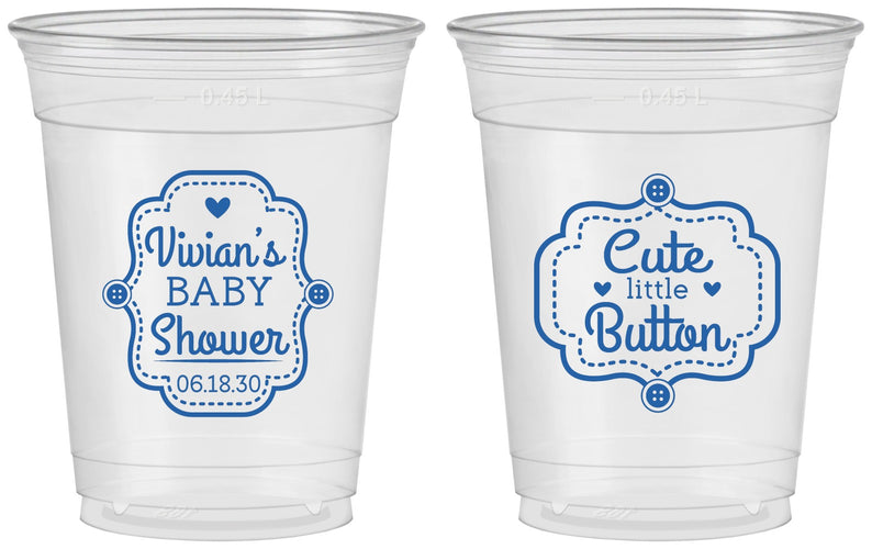 Custom Baby Shower 16 oz Soft Sided Clear Cups - Cute Little Button | 90035