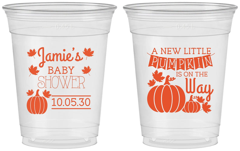 Custom Baby Shower 16 oz Soft Sided Clear Cups - Pumpkin On The Way | 90042