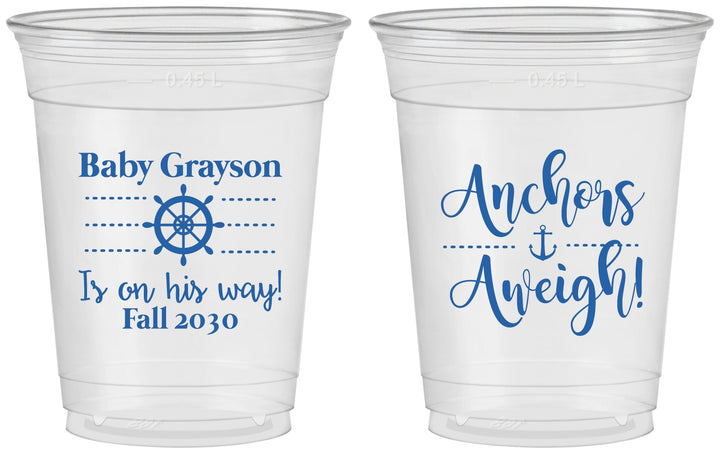 Custom Baby Shower 16 oz Soft Sided Clear Cups - Nautical Anchors Aweigh | 90054
