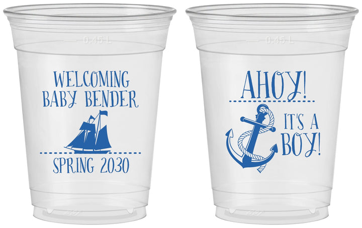 Custom Baby Shower 16 oz Soft Sided Clear Cups - Nautical Ahoy It’s A Boy | 90055