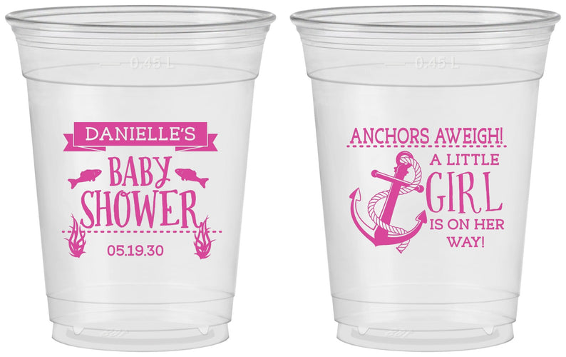 Custom Baby Shower 16 oz Soft Sided Clear Cups - Anchors Aweigh Little Girl | 90056