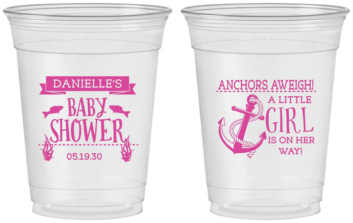 Custom Baby Shower 16 oz Soft Sided Clear Cups - Anchors Aweigh Little Girl | 90056