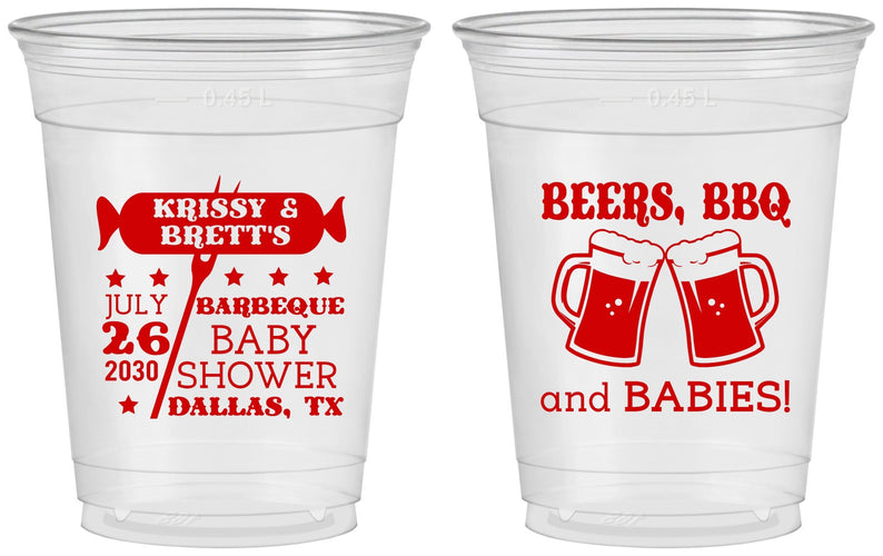 Custom Baby Shower 16 oz Soft Sided Clear Cups - Beers Bbq Babies | 90060