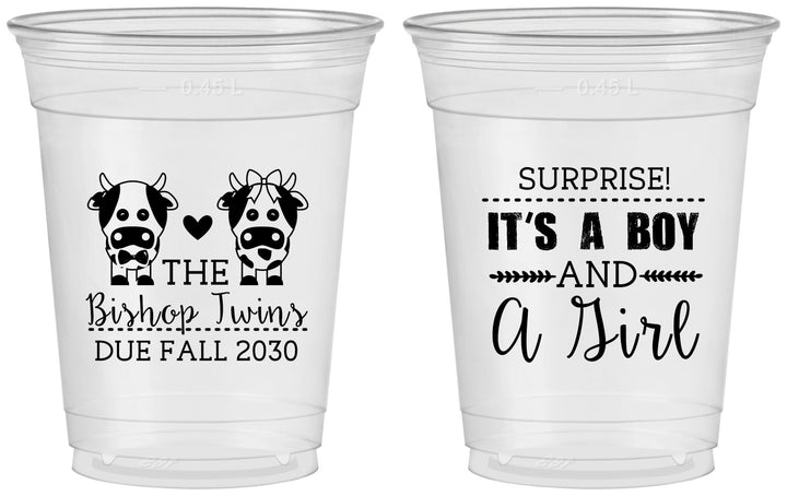 Custom Baby Shower 16 oz Soft Sided Clear Cups - Twins Baby Cows | 90067