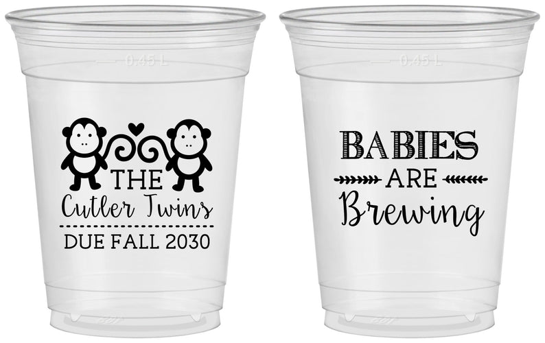 Custom Baby Shower 16 oz Soft Sided Clear Cups - Twins Baby Monkeys | 90068