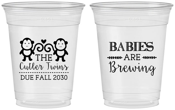 Custom Baby Shower 16 oz Soft Sided Clear Cups - Twins Baby Monkeys | 90068