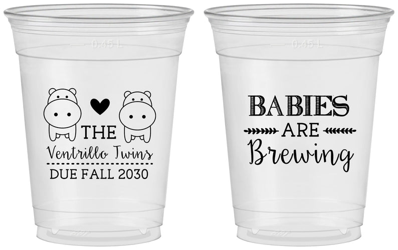 Custom Baby Shower 16 oz Soft Sided Clear Cups - Twins Baby Hippos | 90069