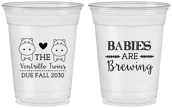 Custom Baby Shower 16 oz Soft Sided Clear Cups - Twins Baby Hippos | 90069