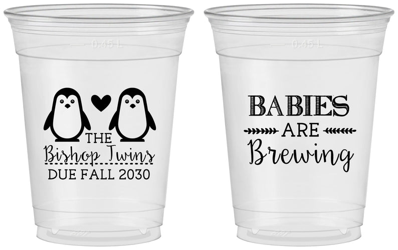 Custom Baby Shower 16 oz Soft Sided Clear Cups - Twins Baby Penguins | 90070