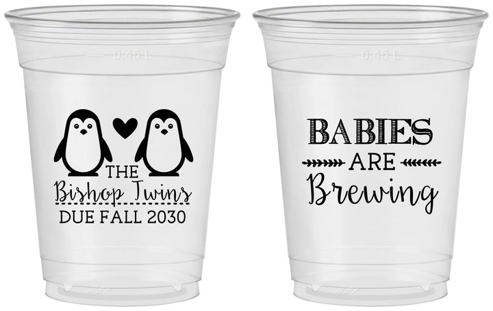 Custom Baby Shower 16 oz Soft Sided Clear Cups - Twins Baby Penguins | 90070
