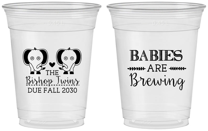 Custom Baby Shower 16 oz Soft Sided Clear Cups - Twins Baby Elephant | 90071