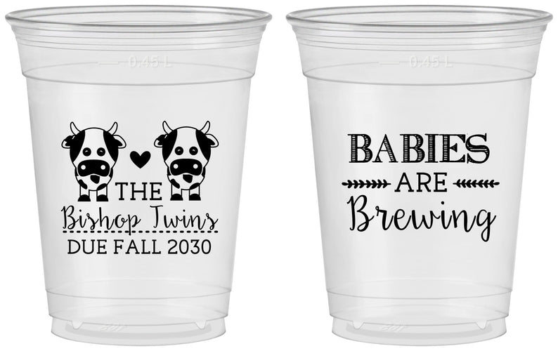 Custom Baby Shower 16 oz Soft Sided Clear Cups - Twins Baby Cows | 90072