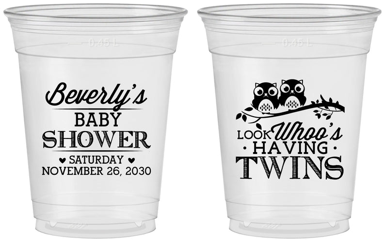 Custom Baby Shower 16 oz Soft Sided Clear Cups - Twins Baby Owls | 90074