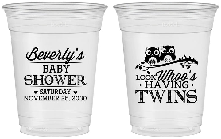 Custom Baby Shower 16 oz Soft Sided Clear Cups - Twins Baby Owls | 90074