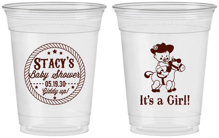 Custom Baby Shower 16 oz Soft Sided Clear Cups - Horse It’s A Girl | 90077