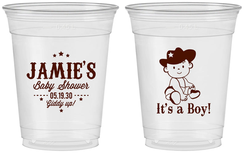 Custom Baby Shower 16 oz Soft Sided Clear Cups - Cowboy It’s A Boy | 90078