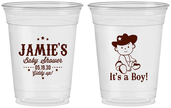 Custom Baby Shower 16 oz Soft Sided Clear Cups - Cowboy It’s A Boy | 90078