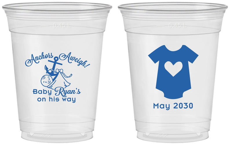 Custom Baby Shower 16 oz Soft Sided Clear Cups - Nautical Anchors Aweigh | 90083
